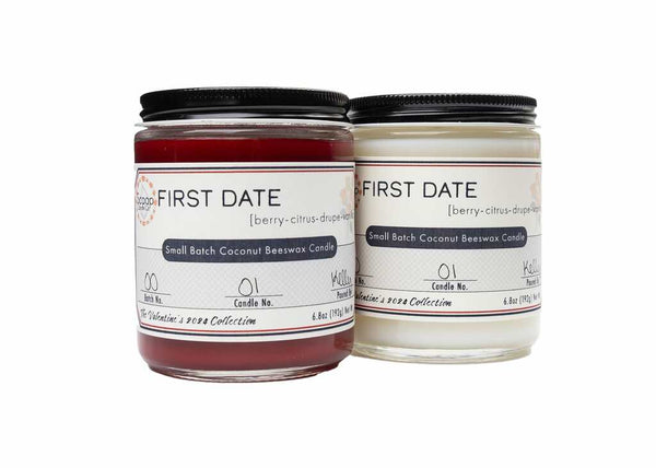 Deep Red and Undyed First Date Candles Side by Side by Scoop Candle Co