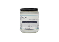 Undyed 6.8 oz Relax candle with black lid on jar